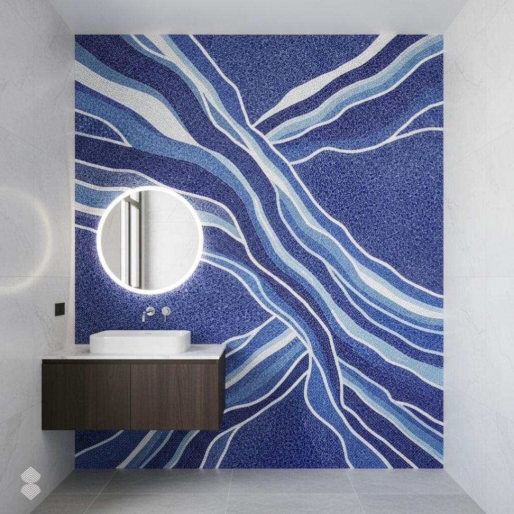 A modern bathroom vanity set against an abstract mosaic accent wall featuring flowing, river-like lines in deep blue and white.