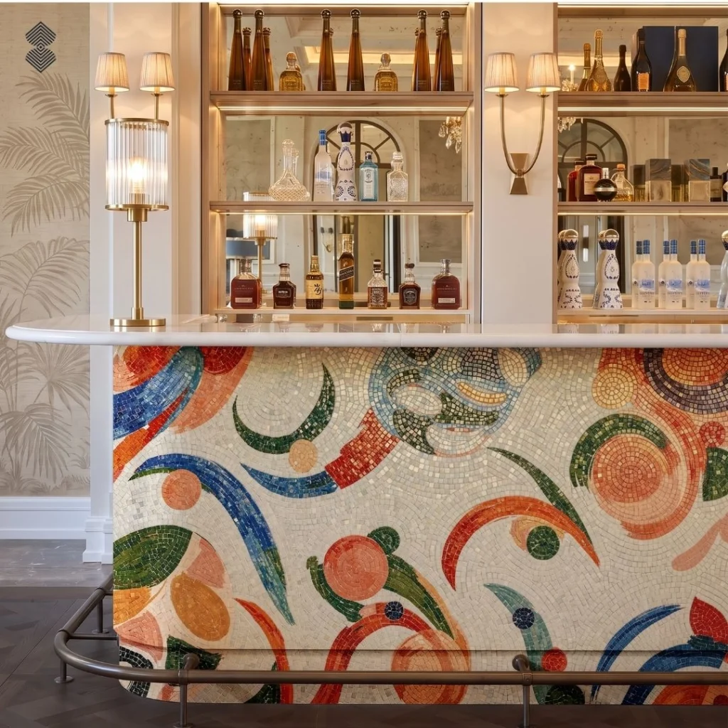 Belloria abstract mosaic bar front featuring colorful curved shapes, circular forms, and handcrafted glass and marble.
