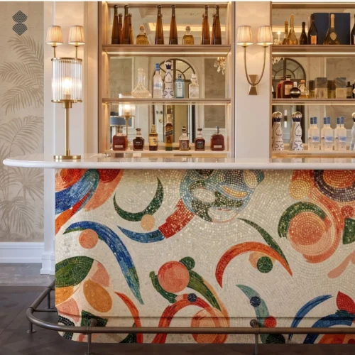 Belloria abstract mosaic bar front featuring colorful curved shapes, circular forms, and handcrafted glass and marble.