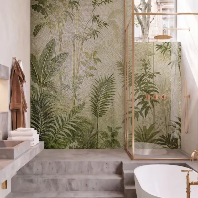 Luxury botanical bathroom mosaic featuring tropical palms, bamboo and layered green foliage handcrafted in glass and marble mosaic tesserae.