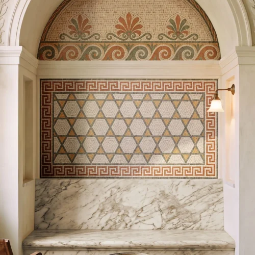The Meander classical marble mosaic with Greek key borders, geometric hexagonal patterns, palmettes, scroll motifs, and warm Greco-Roman colors.