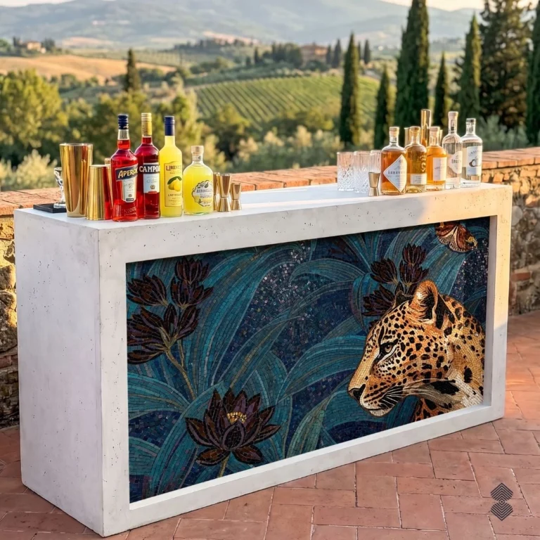 Panthera leopard mosaic bar front featuring golden spotted leopard, tropical flowers, and rich blue foliage.