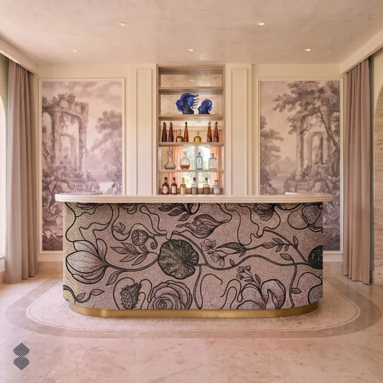 Petal Lore botanical mosaic bar front featuring flowing flowers, curling vines, leaves, and warm neutral tones.