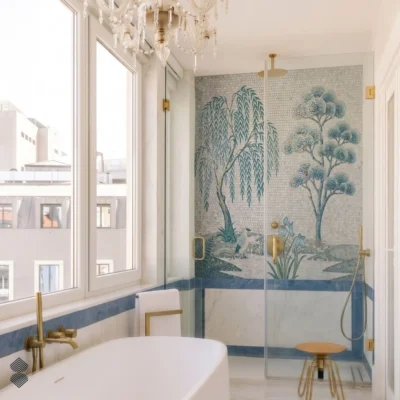Luxury bathroom mosaic mural featuring willow trees, teal foliage, delicate flowers and a bird handcrafted in glass and marble mosaic tesserae.