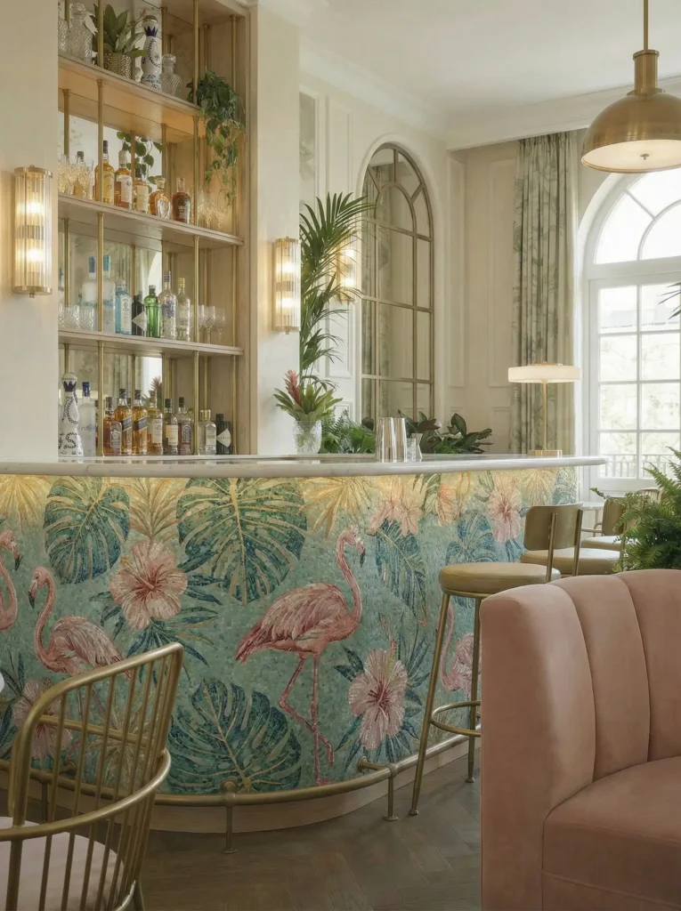 A soft, elegant room showing a curved bar front decorated with a pastel mosaic of two pink flamingos surrounded by tropical greenery.