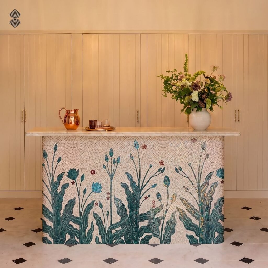 A kitchen counter featuring a delicate, watercolor-style botanical mosaic front with tall green stems.