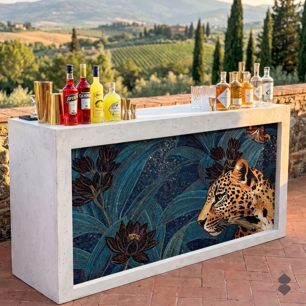 An outdoor bar overlooking a scenic landscape, featuring a striking mosaic inset of a leopard's profile surrounded by deep blue foliage and dark lotus flowers.