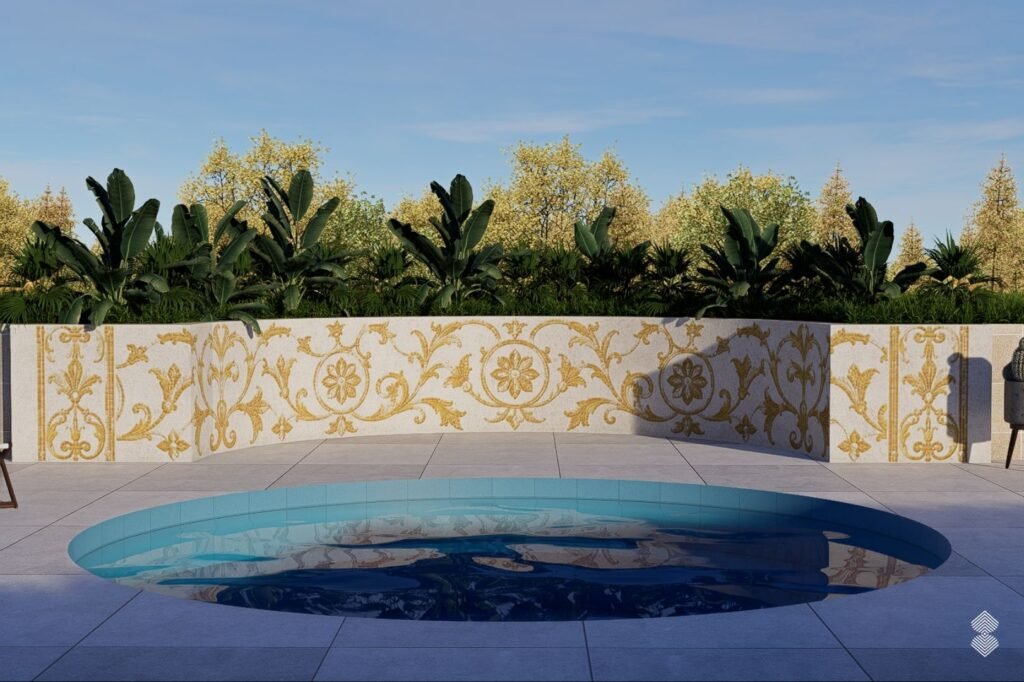 A cohesive mosaic design featuring an ivory and gold pool surrounding wall mosaic.