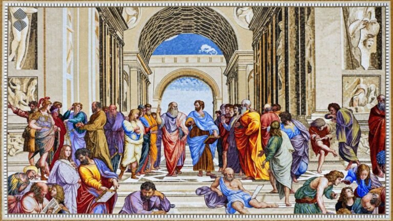 School of Athens figurative mosaic with intricate detailing