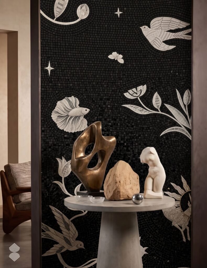A stark black mosaic wall detailed with white motifs of birds, fish, butterflies, and foliage.