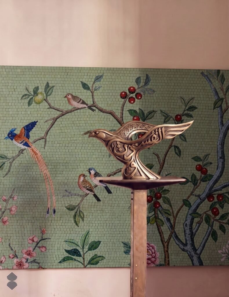A bronze bird sculpture featuring Arabic calligraphy cutouts, displayed in front of a Chinoiserie-style mosaic mural with birds, blossoms, and berries.
