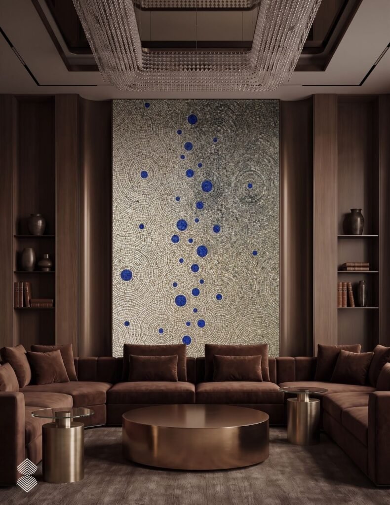 A modern living room with brown velvet seating and a large vertical mosaic feature wall displaying concentric circles in neutral tones followed by bright blue orbs.