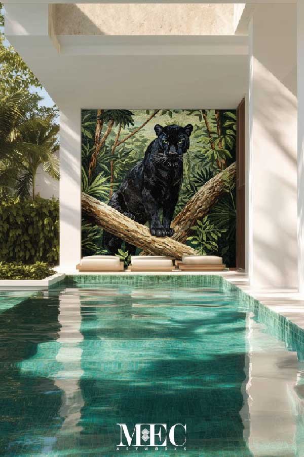 An outdoor jungle-inspired mosaic in pool surroundings.