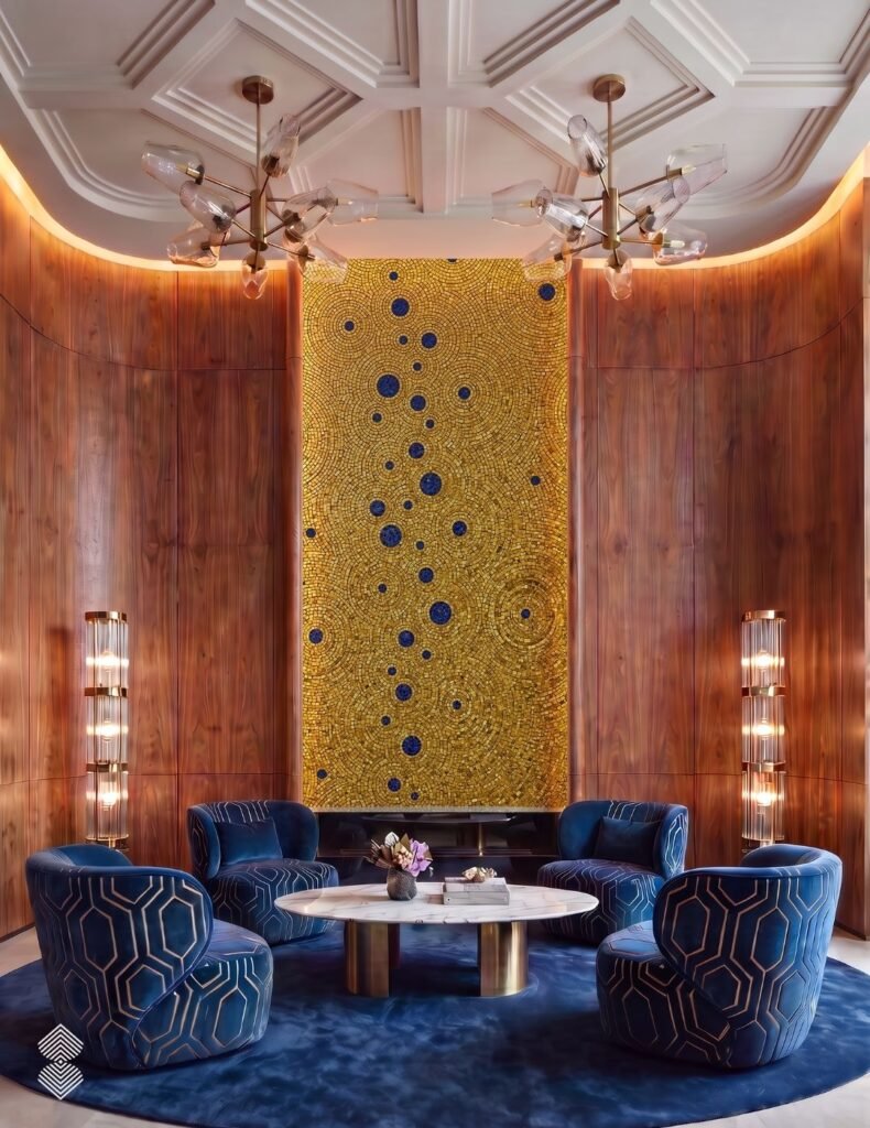 A modern living room with blue velvet seating and a large vertical mosaic feature wall displaying circles in neutral tones followed by bright blue dots.