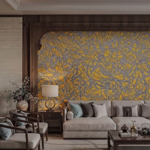 Abstract gold mosaic mural with swirling silver tesserae on a living room feature wall.