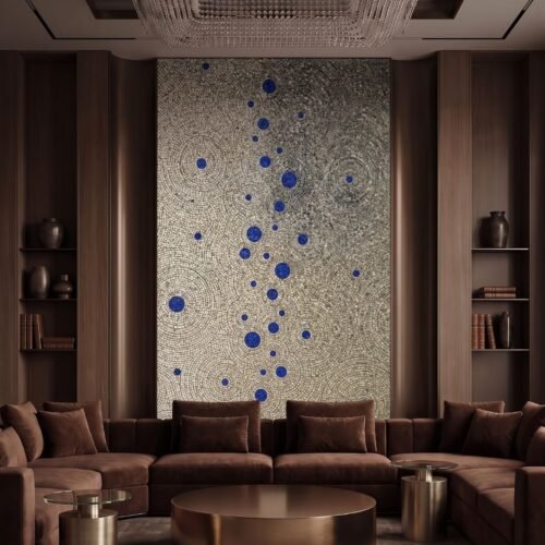 A tall concentric circles mosaic panel with blue orbs cascading down a stone tile feature wall.