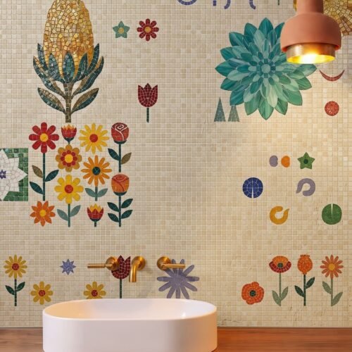 A folk flower bathroom mosaic of scattered mosaic daisies, tulips and a protea on a cream tiled wall above a sink.
