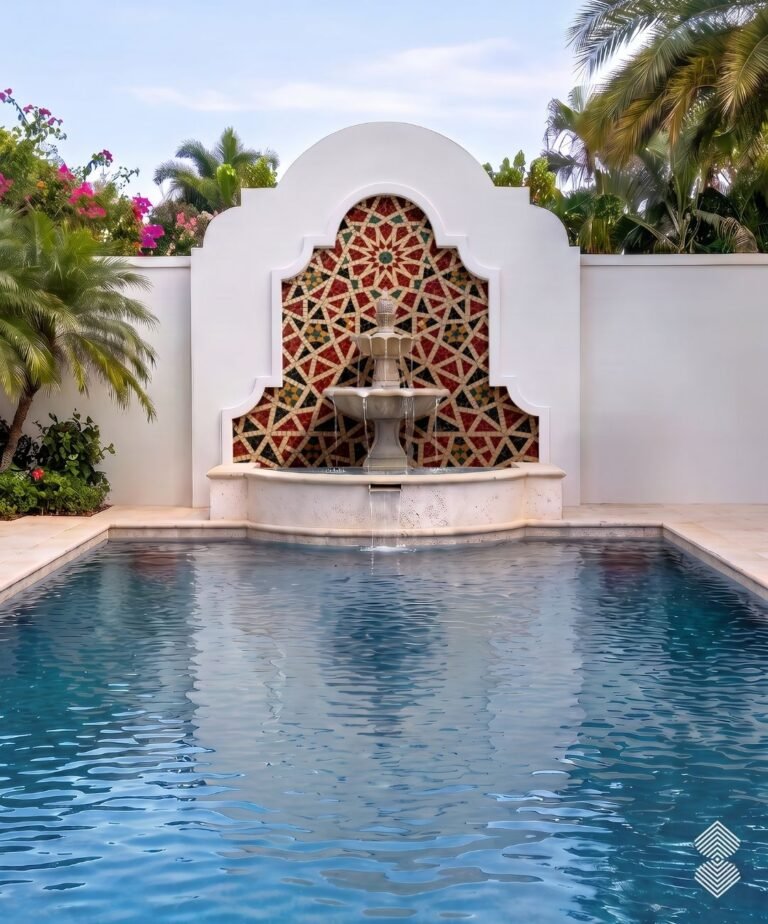 Arched mosaic star fountain backsplash in red, cream and gold tile above a stone pool fountain basin