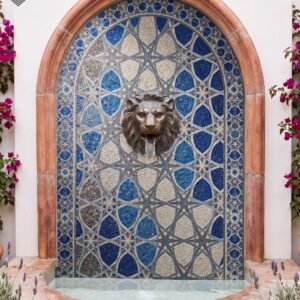 Arched mosaic star pattern fountain in navy and cream tesserae with a bronze lion-head spout