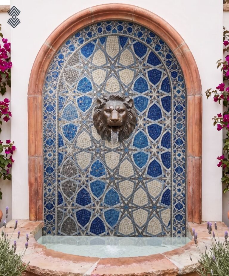 Arched mosaic star pattern fountain in navy and cream tesserae with a bronze lion-head spout