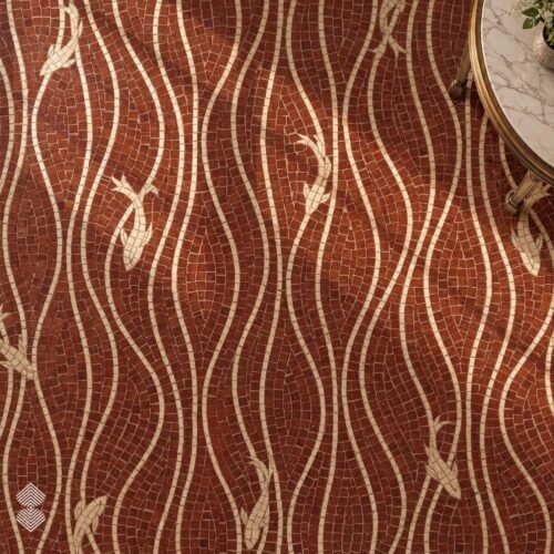 A roman wave fish mosaic floor in rust red stone with cream wave bands and swimming fish motifs