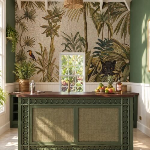 A tropical jungle mosaic mural with palm trees, a toucan and a black panther covering a feature wall above a bar counter.