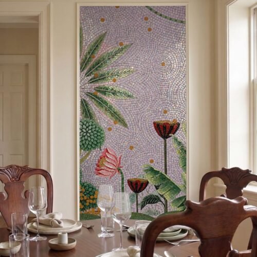 A tall tropical lotus mosaic panel with red lotus flowers and green banana leaves set in a lavender wall niche.