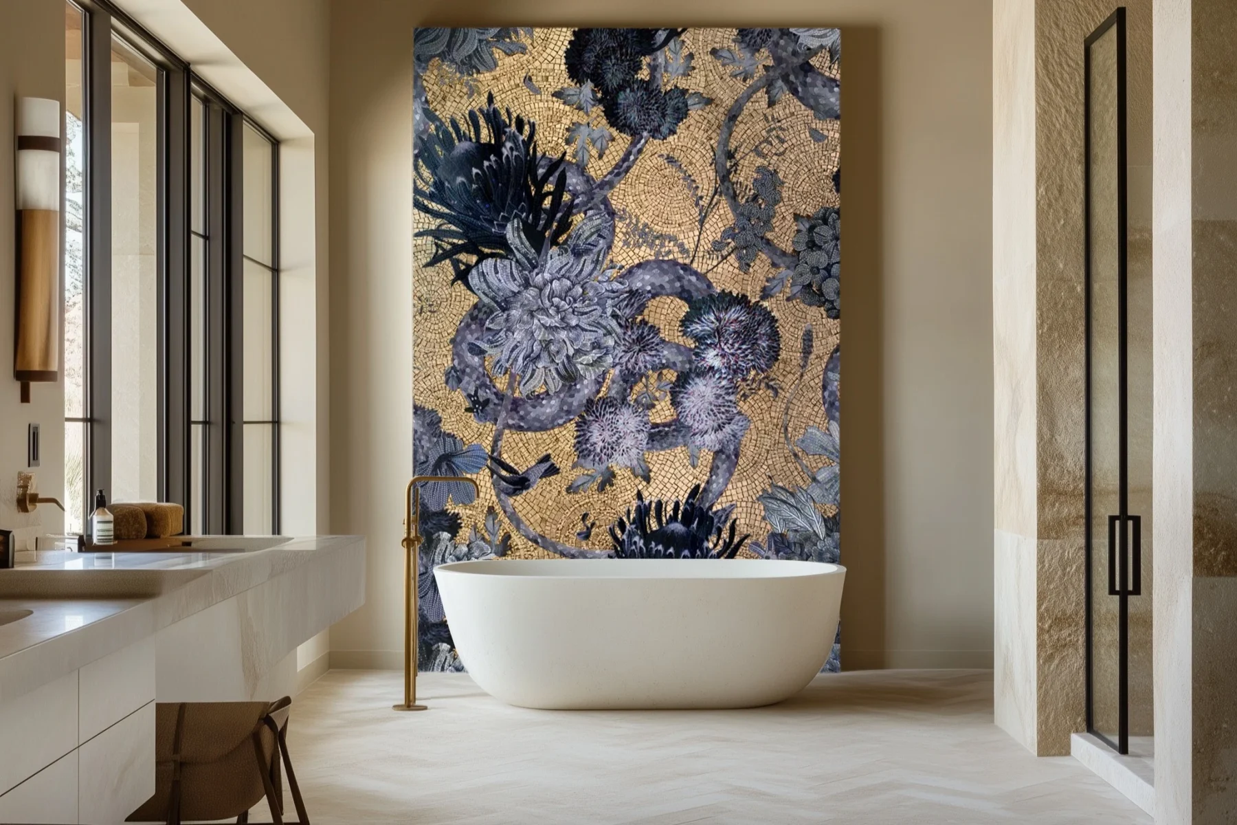 Hand cut bathroom mosaic for a Dubai tower apartment