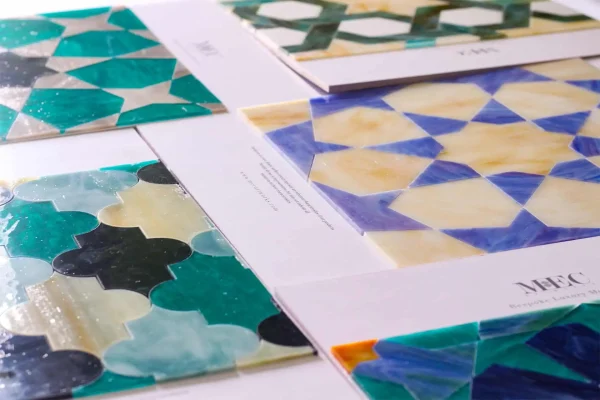Hand-cut Moroccan Zellige mosaic tiles in geometric patterns