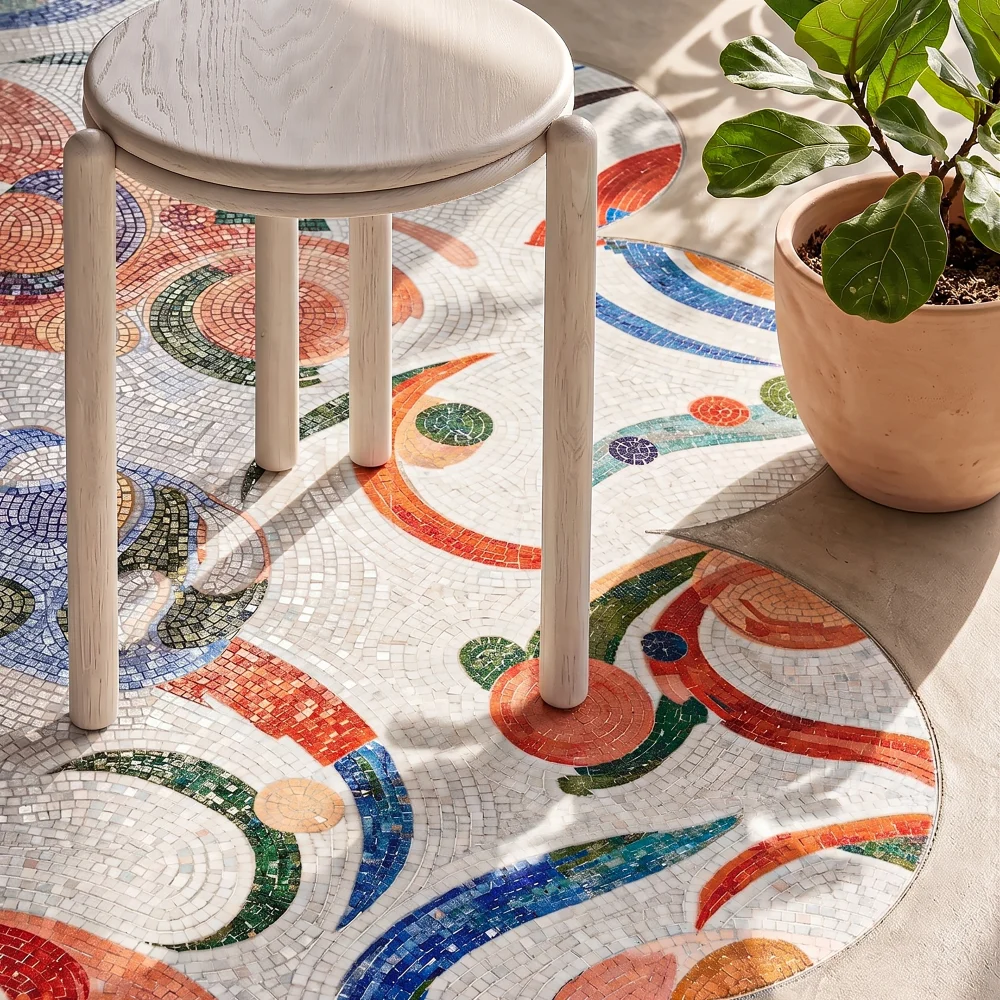 Colorful handcrafted mosaic tile with abstract flowing geometric patterns in blue, coral, green, and terracotta tones on a white base.