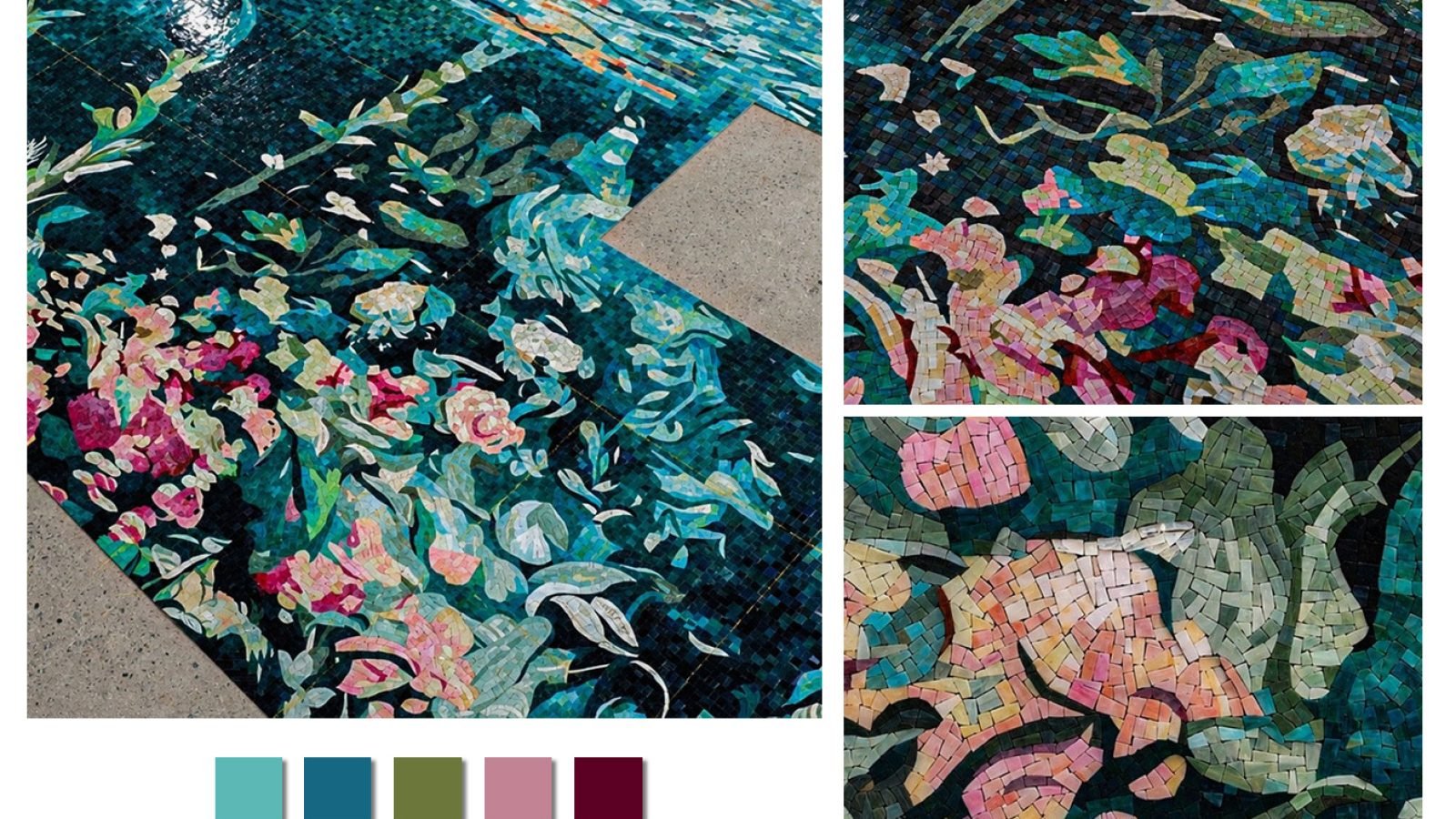 A three-part composite showcase featuring high-resolution photography and close-up details of a completed floral glass mosaic along with a 5-color palette swatch.