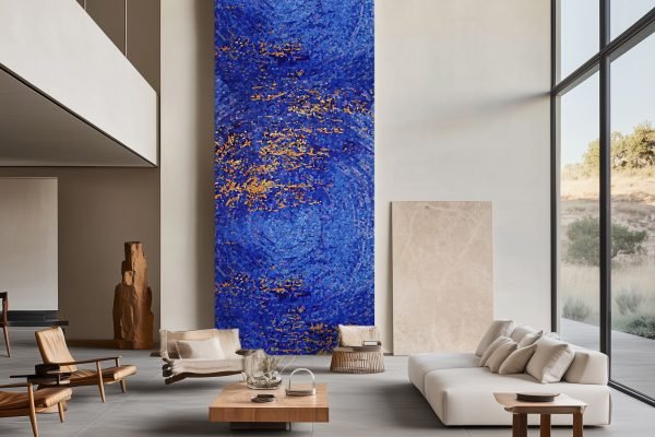 blue textured mosaic wall living room