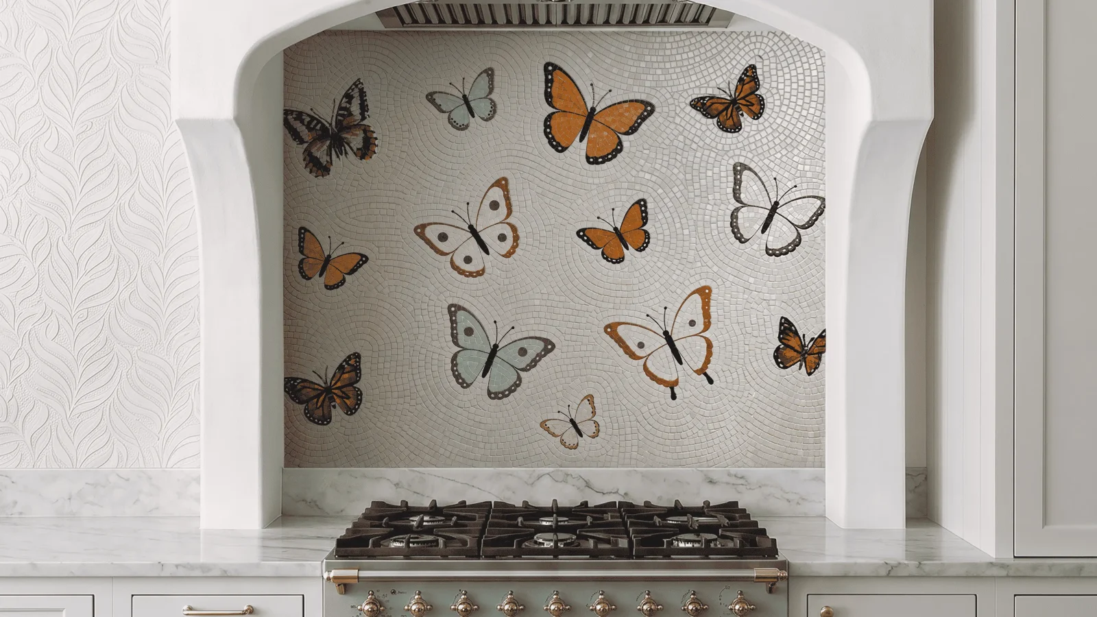 Mosaic Artwork Featuring Monarch Butterfly in Flight