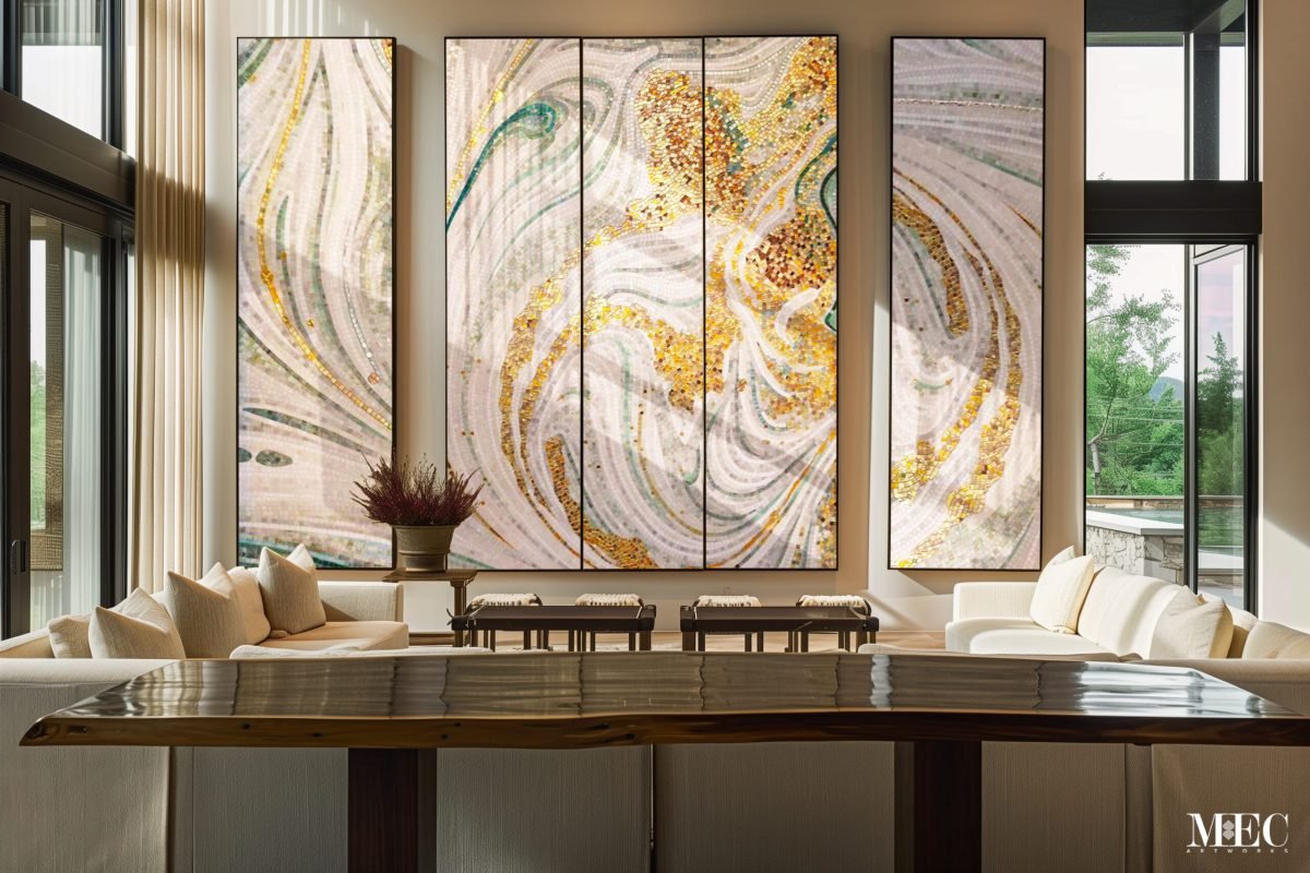 Marble effect panel mosaic wall art in a contemporary living room – MEC Artworks.