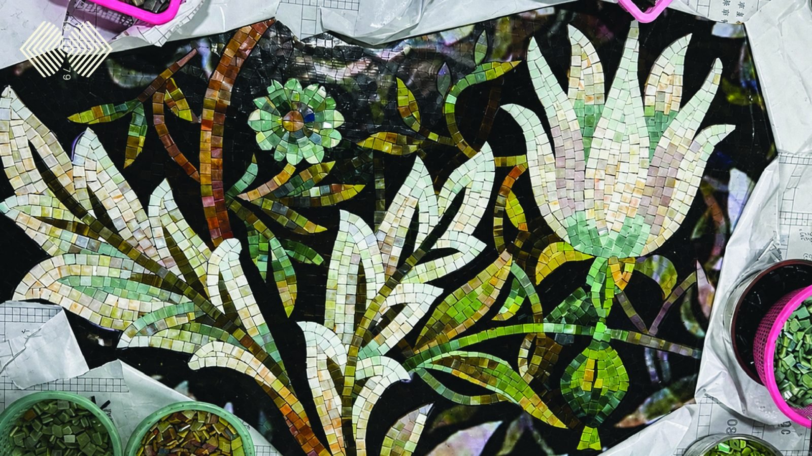 hand cut glass mosaic for floral pattern